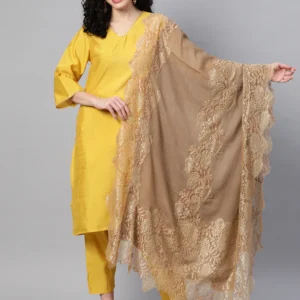 Pashmkala Women Golden Shawl with lace, winter shawls for women